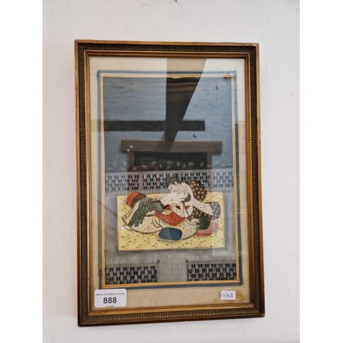 888 - A 19th century Indian erotic watercolour, framed and glazed, 22.5cm x 34cm overall.