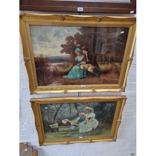 900 - A pair of late 19th/early 20th century school, oil on canvasses depicting courting couples, 75cm x 4... 