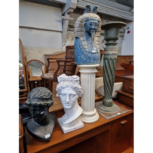 923 - Two classical style plaster busts together with an Egyptian style bust and two pedestals.