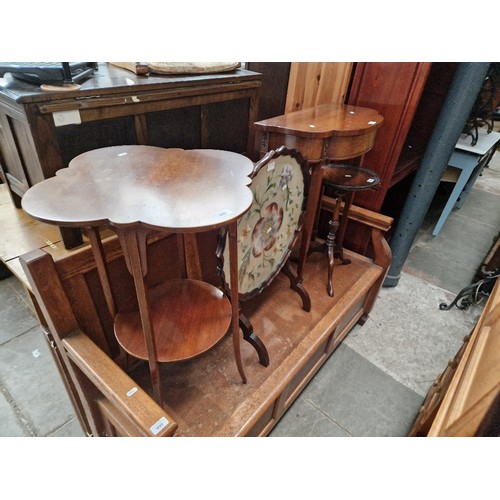 989 - A mixed lot comprising Edwardian mahogany occasional table, a tapestry fire screen, a wine table and... 