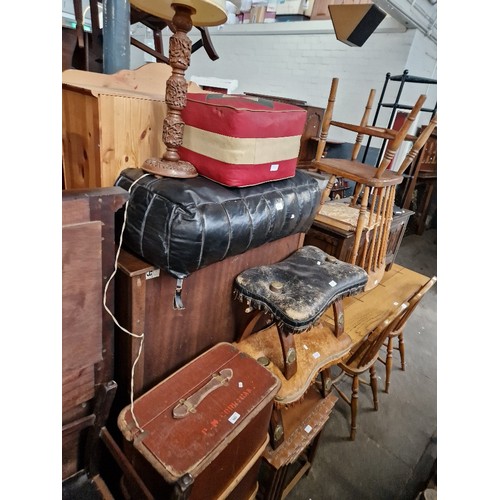 995 - A mixed lot comprising vintage travel trunk, two camel stools, a nest of tables, two retro pouffe an... 