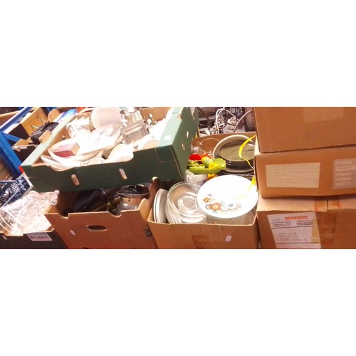 144 - 7 boxes of miscellaneous to include glassware, bedding, tea-ware, china, 2 Beswick horses, etc.