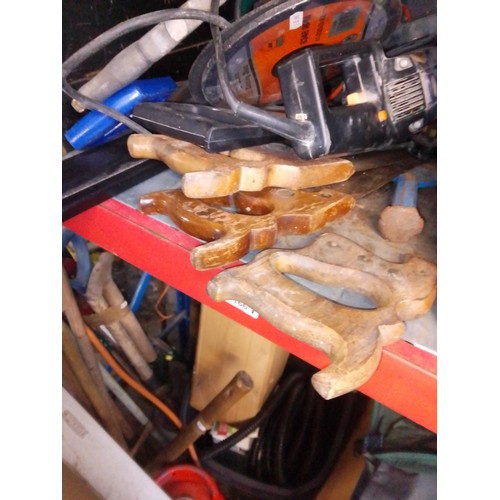 166 - A large quantity of garden tools, hose reel, weed burner, angle grinder, wood saws, electric hedge t... 