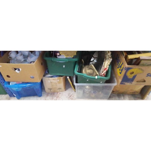 245 - 8 boxes of miscellaneous ceramics, glass, metal ware, pictures, etc.