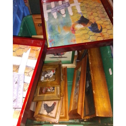 246 - A box of pictures and trays depicting chickens.