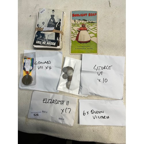 526 - Postcards, coins and a Great War medal