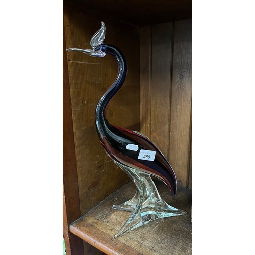 558 - Vintage cased glass large bird in blue, pink and clear glass.  Height approx 42cm