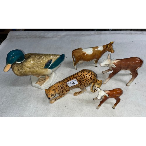 540 - Beswick leopard, Beswick cow, two Beswick calfs and a Beswick large duck