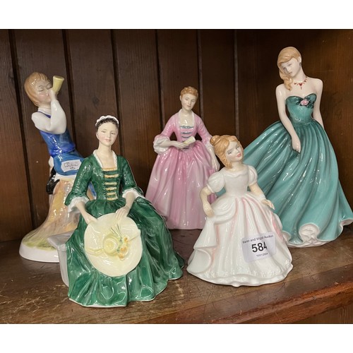 584 - 5 Royal Doulton figures including Sarah HN3978, A Hostess of Williamsburg HN2209 etc