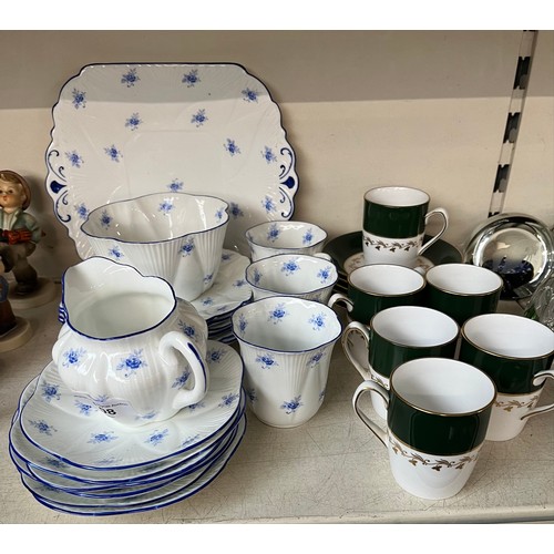 608 - Shelley blue floral tea ware and some Spode Green Velvet cups and saucers