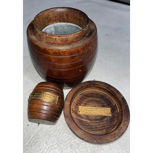 539 - Teak from H.M.S Iron Duke tobacco jar and match holder