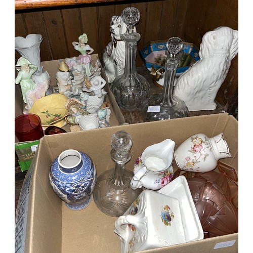 589 - Staffordshire pot dogs, Continental porcelain ornaments, glass decanters and other pottery and glass