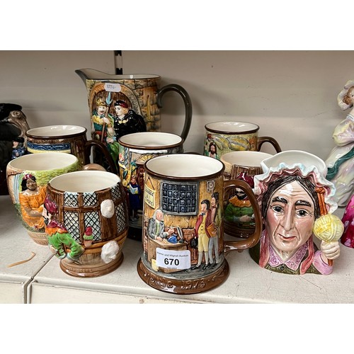 670 - Eight Beswick relief moulded jugs and a character jug