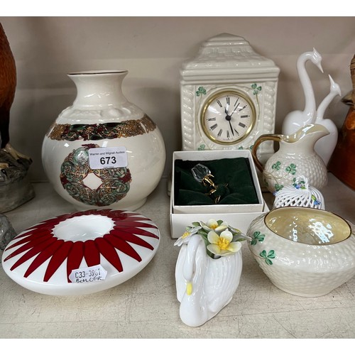 673 - Two items of Belleek porcelain dating from 1926-46 and another Belleek item, together with Galway po... 