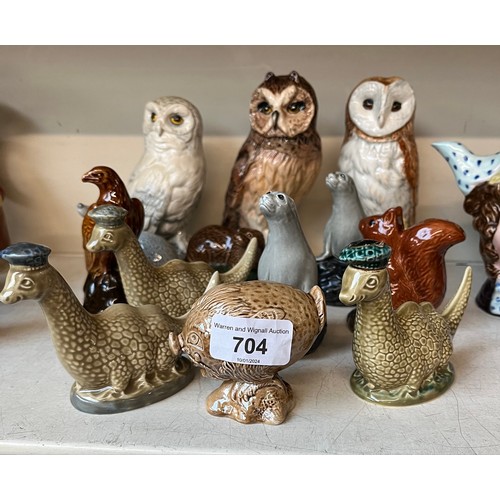 704 - Beneagles whisky flasks - 3 medium size owl figures, all with contents; 10 smaller figures, 3 with c... 