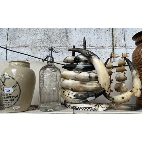 661 - Bone Marrow jar, vintage soda syphon and two horn ships