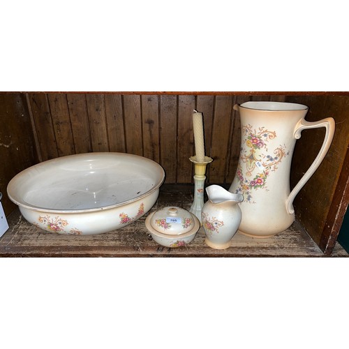 705 - Large Crown Ducal blush ivory jug and bowl, together with matching candlestick, lidded bowl and vase