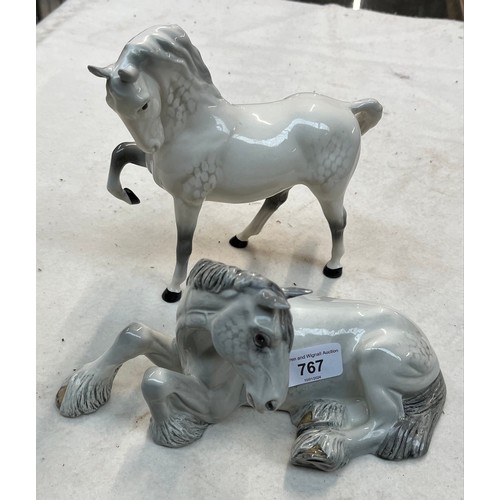 767 - Two Beswick horse figures - one modelled as Dapple Grey shire horse, lying down, and one Dapple Grey... 