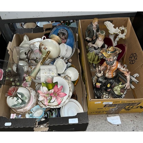 718 - Two boxes of mixed ceramics including Capodimonte figures, flowers, and other mixed ceramics