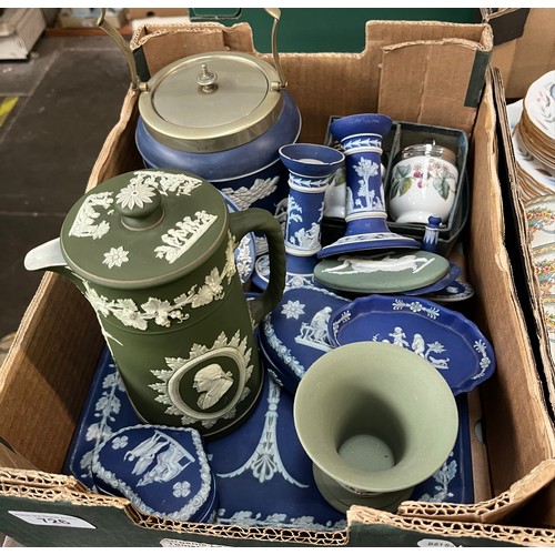 726 - A box containing mainly Wedgwood jasper ware in dark blue , pale blue and green, and includes a Choc... 