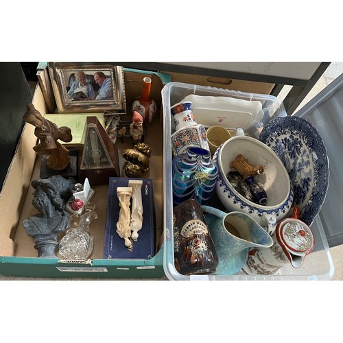 717 - Two boxes of mixed ceramics to include large platter, various vases and jugs, figurines, glassware, ... 