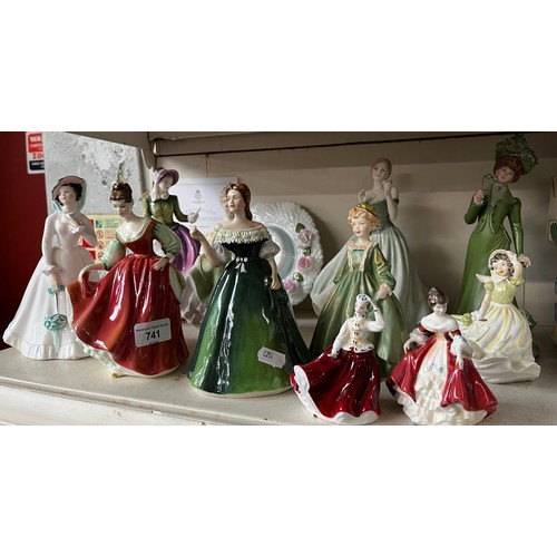 741 - 10 various figurines by Royal Doulton, Royal Worcester, Capodimonte, and a ceramic bonnet by Aynsley... 