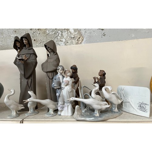 737 - 10 Lladro  pieces including 2 large matt finish monk figures, 4 geese pieces, Bride and Groom, 2 oth... 