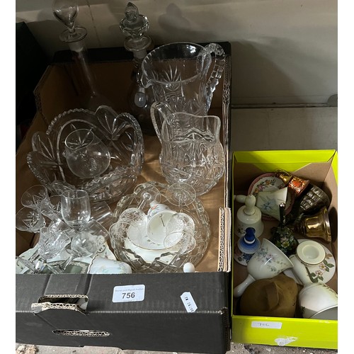 756 - A mixed lot in 2 boxes comprising china, ornaments and glass etc.