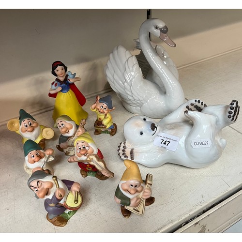 747 - A tub containing ceramic Snow White and the 7 Dwarves, by Schmid, together with a swan by Lladro, an... 