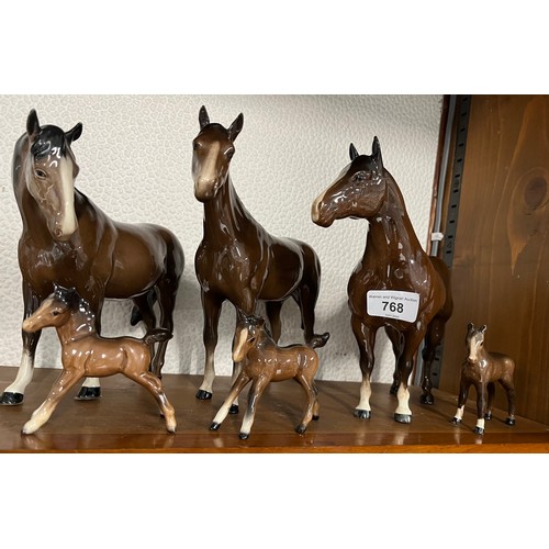 768 - 3 large Beswick chestnut horse figures and 3 small Beswick foals