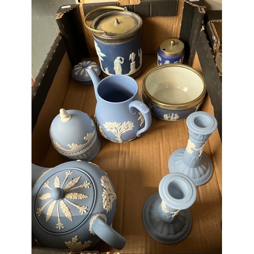 754 - A box of Wedgwood jasperware including teapot and coffee pot.