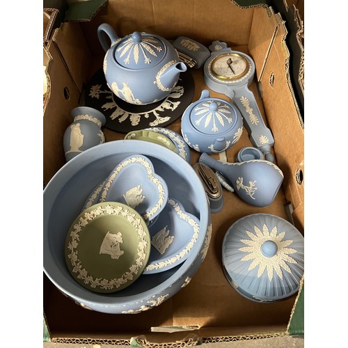 752 - A box of Wedgwood jasperware including teapot, barometer, pedestal bowl, etc..