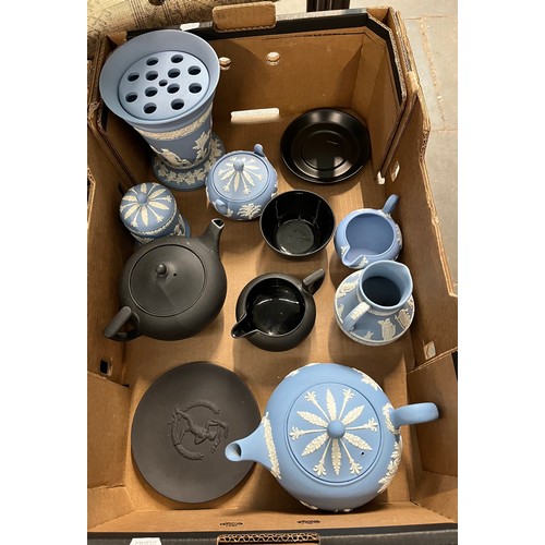 757 - A box of Wedgwood jasperware including two teapots, vase with frog insert, etc.