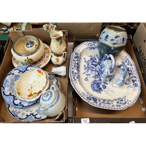 721 - Two boxes of assorted pottery including three pieces of Clarice Cliff Celtic Harvest, blue and white... 