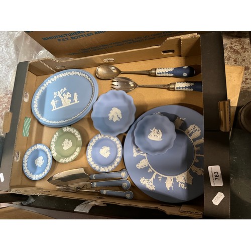 763 - A box of Wedgwood jasperware including cake knife, serving spoons, etc.