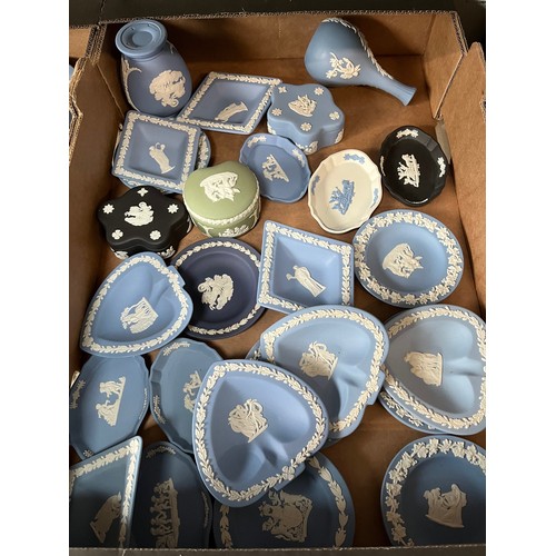 749 - A box of Wedgwood jasperware. Appx 26 pieces including light and dark blue, black, white and green