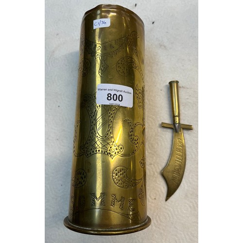 800 - Two pieces of trench art: shellcase 'Somme 1916' and bullet letter knife 'Abbeville 1919'