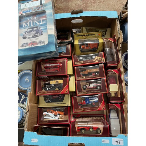 761 - A box of appx 20 boxed model cars, mainly Matchbox Models of Yesteryear, some Corgi