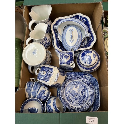 723 - Box of blue and white including 15 pieces of Spode ‘Italian’, a Furnivals jug 1905-13 etc