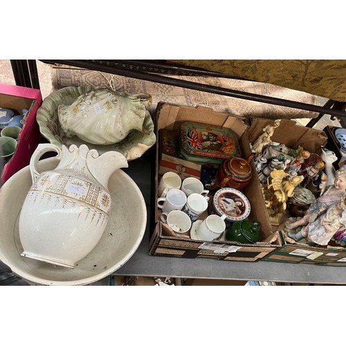 758 - Two large washbowls and jugs together with 2 boxes of various royal memorabilia mugs and tins, vario... 