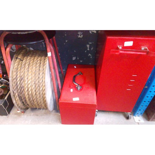 182 - A mixed lot of garage ware including metal tool cabinet and a tool chest with drawers, two metal sto... 