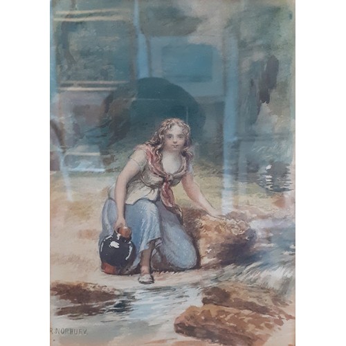 900B - Richard Norbury (1815-1886), The Stream, watercolour, 13cm x 19cm, signed lower left, glazed and fra... 