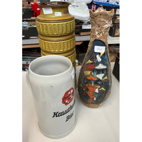 466 - A West German vase, another continental vase, and a large ceramic tankard marked Krautheimer Beer