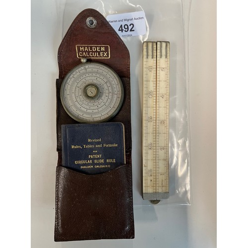 492 - A Halden calculex in a leather case, together with a Rabone folding rule