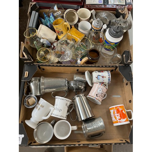 457 - Two boxes of pottery, glassware, metal-ware, ornaments, etc.