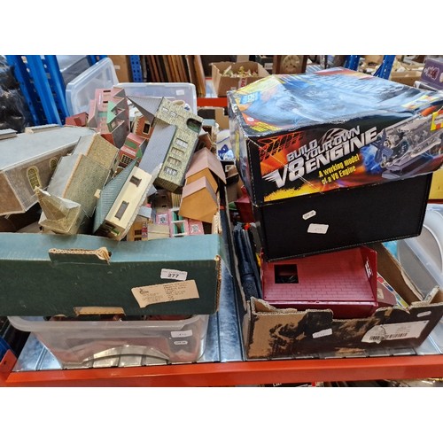 277 - 4 boxes of model railway items to include buildings, trck, controllers, farm set, diecast vehicles a... 