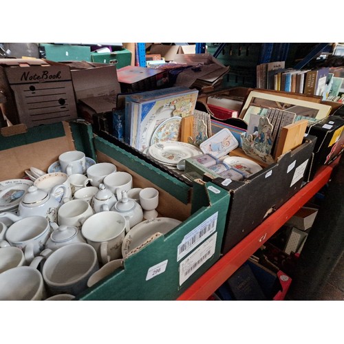 296 - 4 boxes of Beatrix Potter ceramics and books.