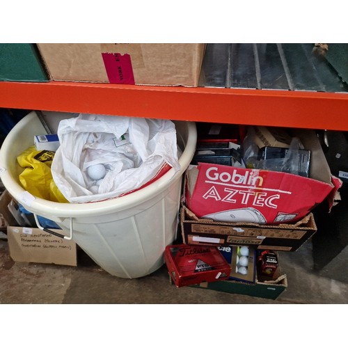 340 - A large plastic basket of golf balls and bundle of golf balls and accessories.