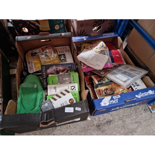 321 - Two boxes of mixed sporting ephemera and collectables.