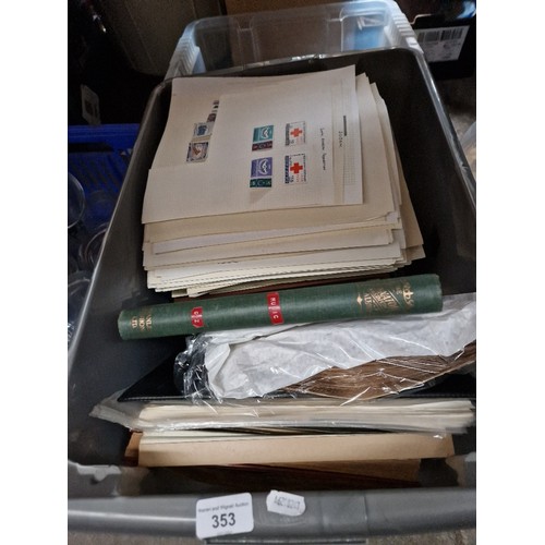 353 - Two boxed of stamps, first day covers and stamp albums.